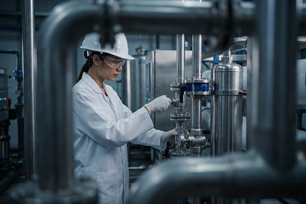 Woman engineer in hard hat and safety glasses operating valve in industrial metal piping system.