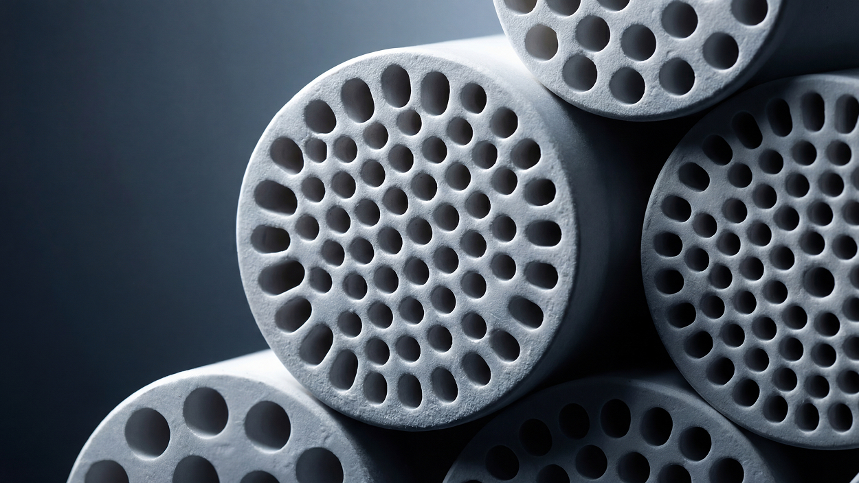 Close-up of cylindrical membranes with multiple circular pores arranged in a pattern.