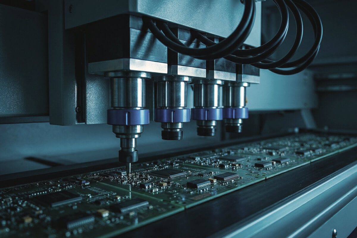 Automated machine with four nozzles assembling components on electronic circuit boards.