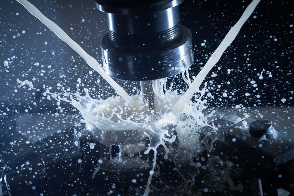 CNC milling machine cutting metal with coolant fluid spraying to cool and clean.