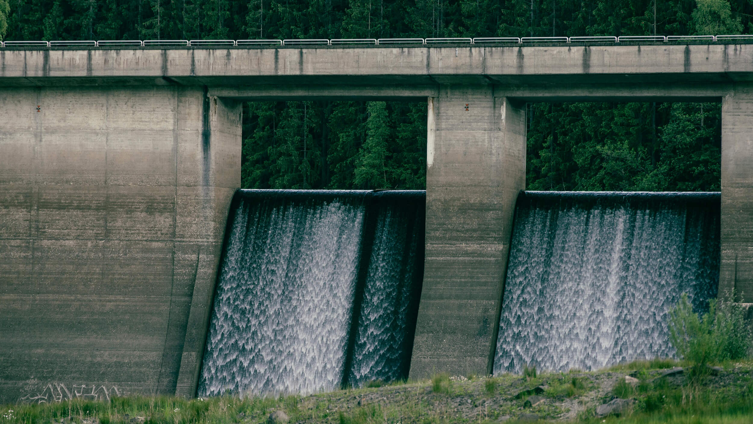 Concrete dam with two spillways releasing water, surrounded by green trees and grass.