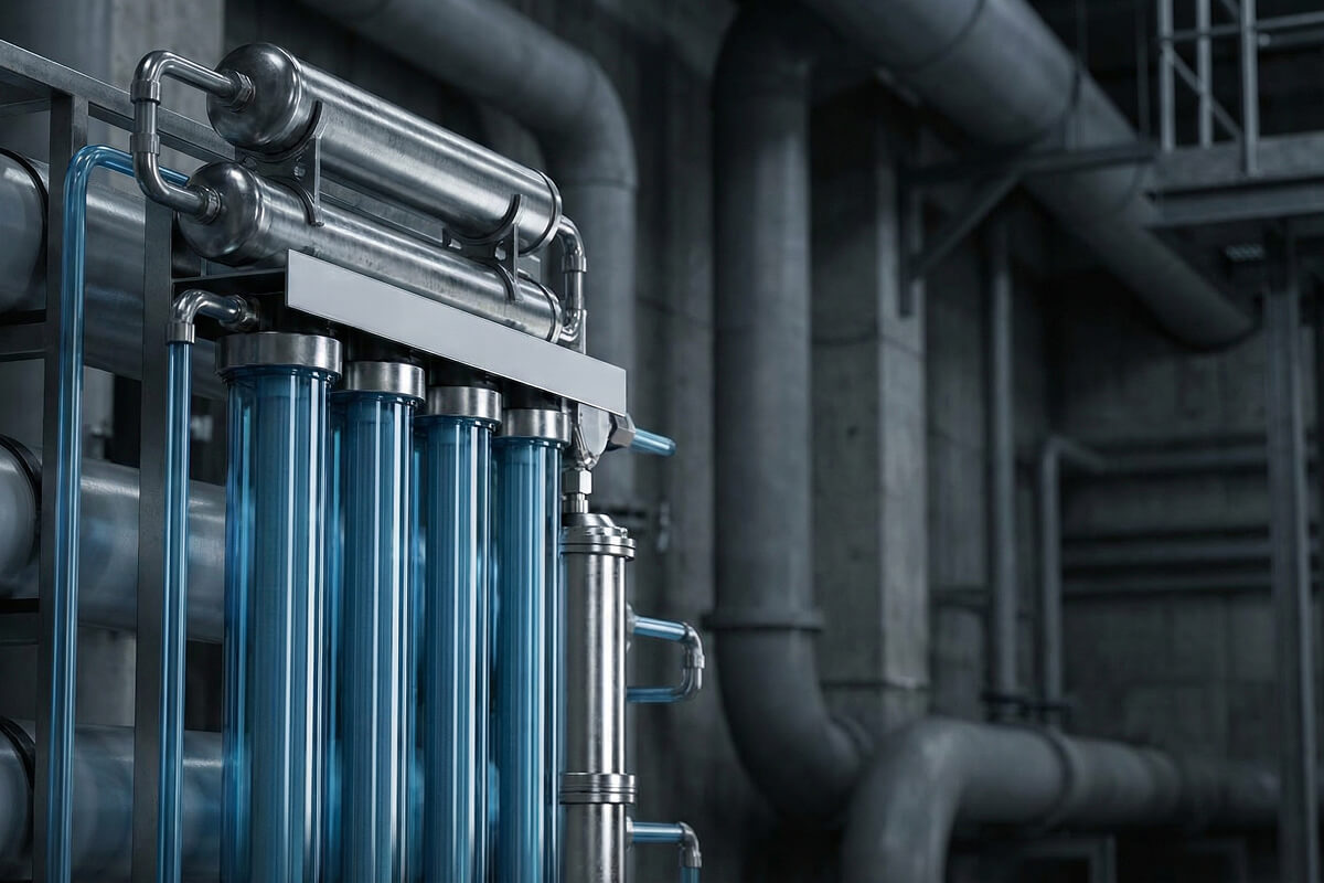 Industrial water filtration system with blue cylindrical filters and metal pipes in a factory setting.
