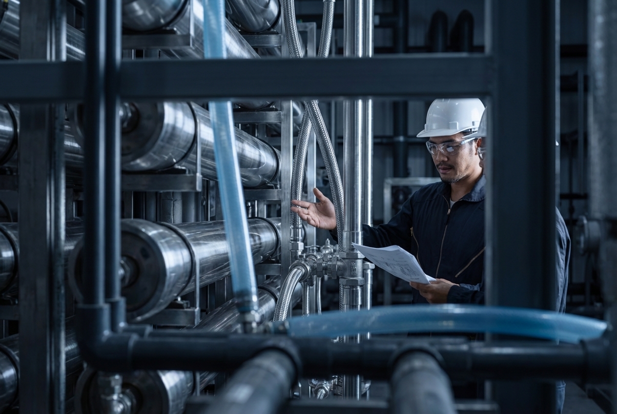Engineer in hard hat and safety glasses inspecting industrial pipes and holding a technical drawing.