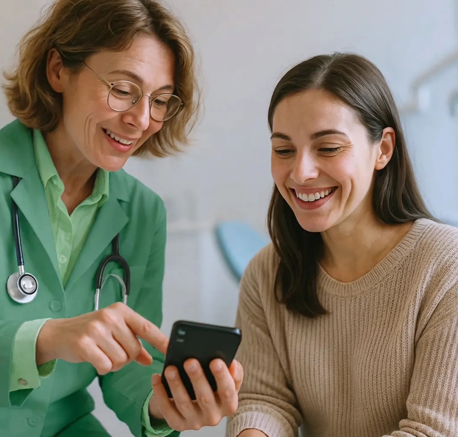 A female doctor and a female patient looking at a cell phone.