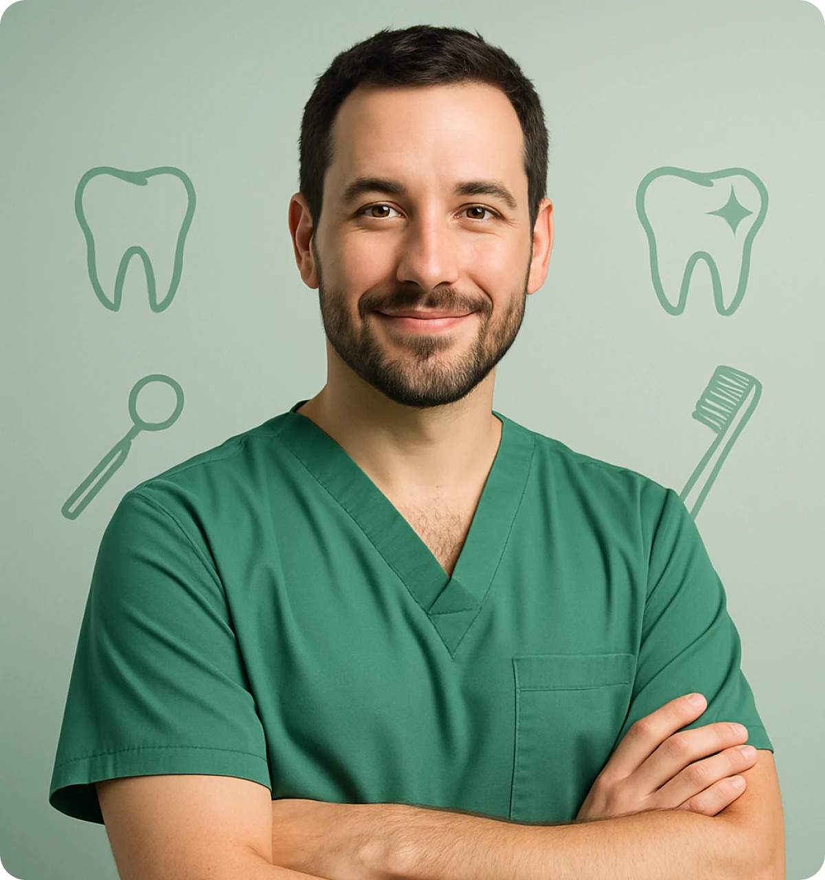 A man in a green scrub suit with a toothbrush.