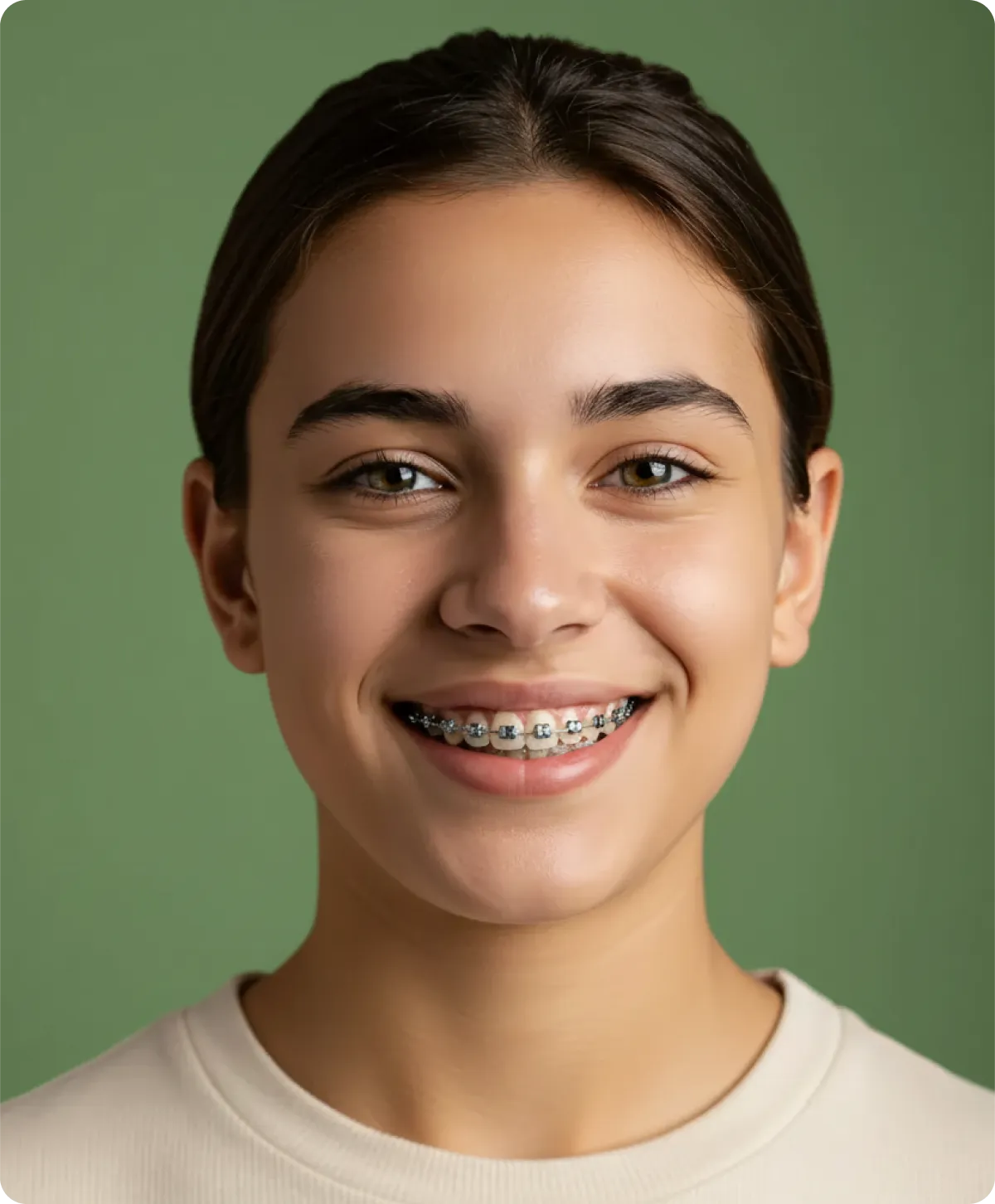 A woman with braces on her teeth smiling.