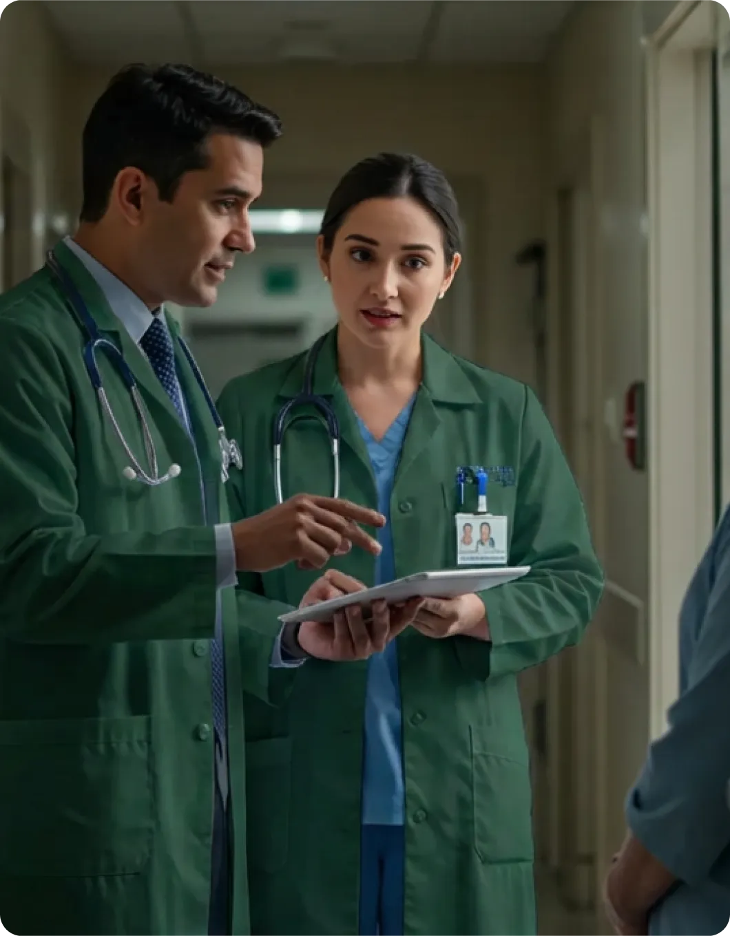 A man and a woman in scrubs talking to each other.