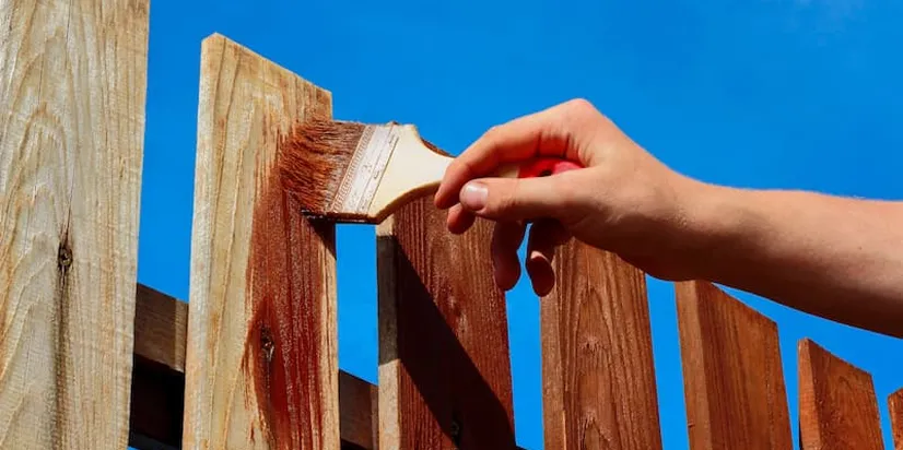 Hand painting a wooden fence with a brush using brown stain against a blue sky.