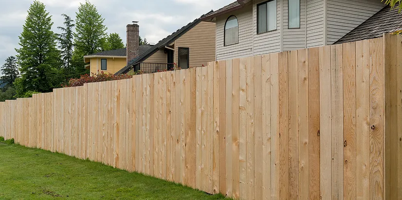 Long wooden privacy fence surrounding suburban homes with green lawn and trees in the background.