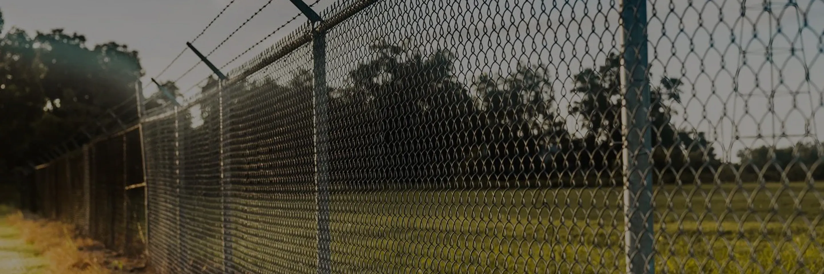 Chain-link fence topped with barbed wire alongside a grassy area with trees in the background at sunset.