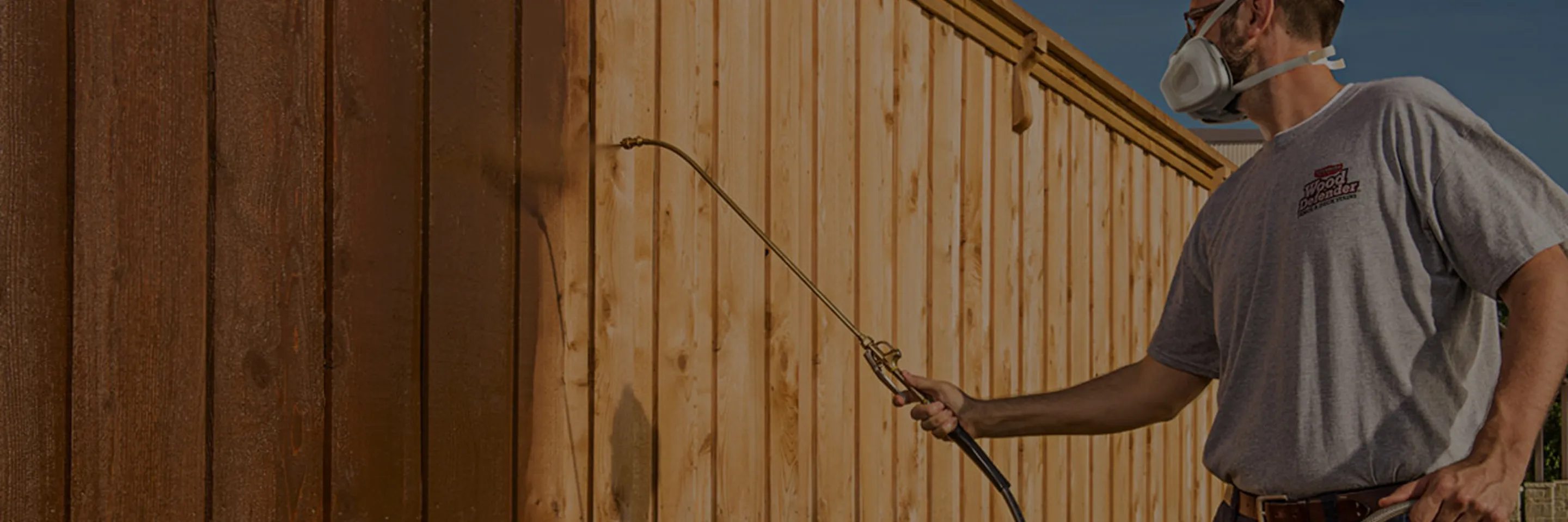 Man wearing a respirator mask applying dark wood stain to a wooden fence using a spray wand, showing a clear contrast between stained and unstained wood.