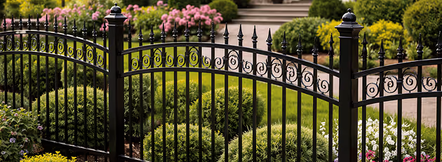 Black ornate metal fence with decorative spikes in front of a manicured garden featuring green shrubs and pink flowers.