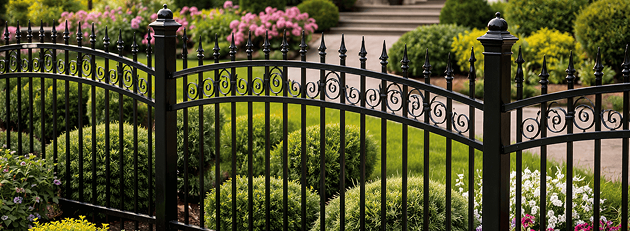 Black ornate metal fence with decorative spikes in front of a manicured garden featuring green shrubs and pink flowers.