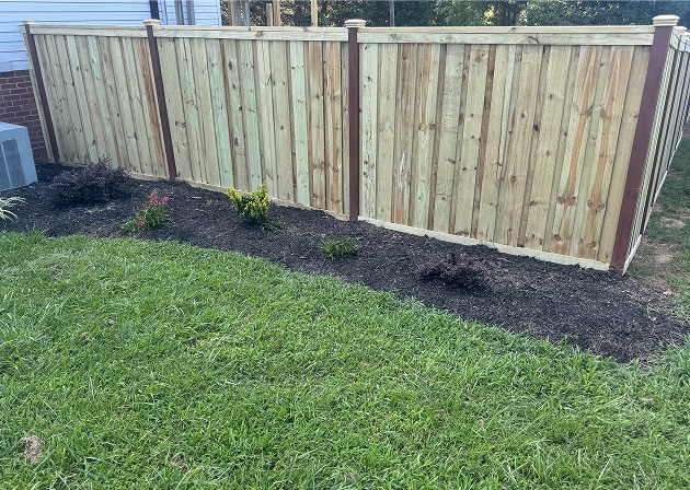 Newly installed wooden privacy fence with vertical planks and decorative posts behind a garden bed with small shrubs and green grass.