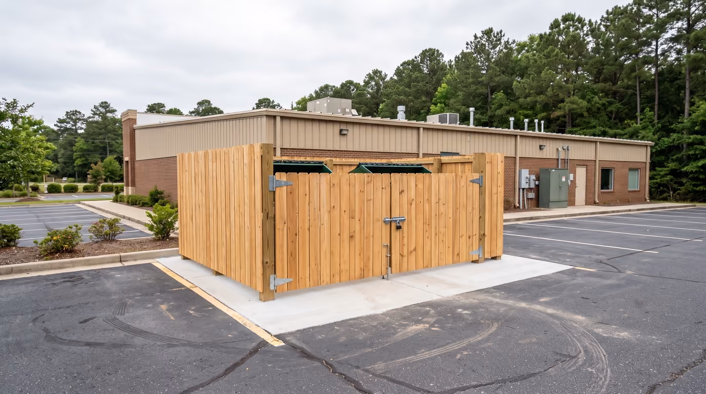A wooden dumpster enclosure with locked double doors situated on a concrete pad in a mostly empty parking lot beside a single-story commercial building surrounded by trees and shrubbery under a cloudy sky.