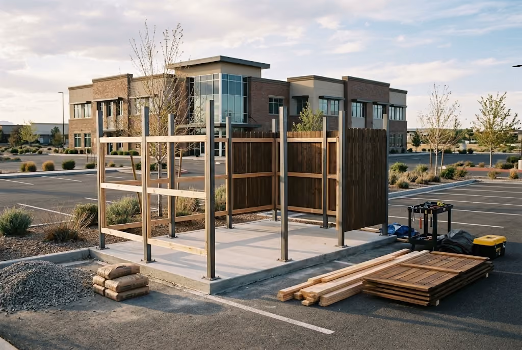 Partially constructed wooden enclosure on a concrete slab in a parking lot, with construction materials and tools around it, and an office building in the background.