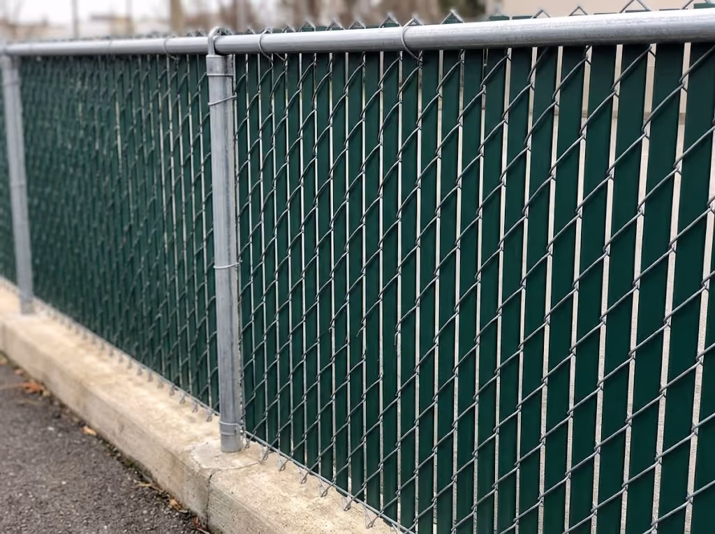 Metal chain-link fence with green privacy slats installed on a concrete base, with metal posts supporting the fence.