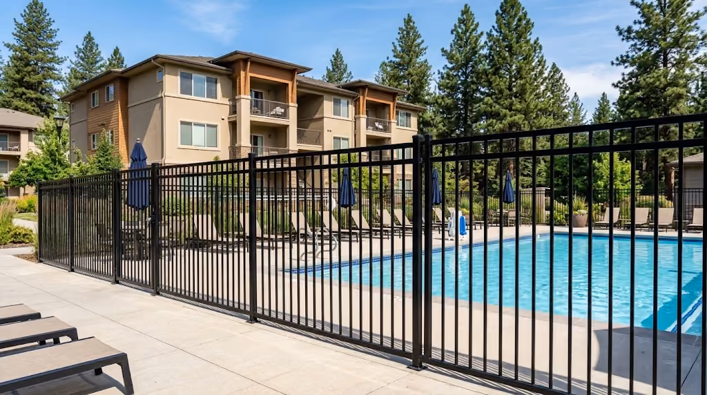Outdoor swimming pool surrounded by a black metal fence with lounge chairs and umbrellas on the pool deck, set in front of a beige apartment building with trees in the background under a blue sky.