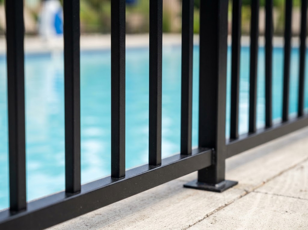 Close-up of a black metal safety fence installed on a concrete surface surrounding a blue swimming pool with water visible behind the bars.