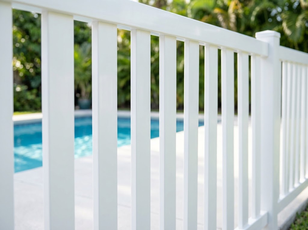 Close-up view of a white fence with vertical slats surrounding a backyard swimming pool with green foliage in the background.