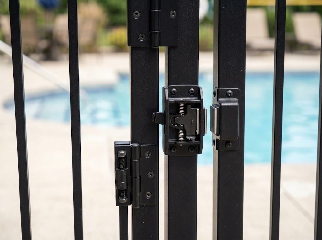Close-up of a black metal safety gate latch with springs securing a pool area with water and poolside chairs in the background.