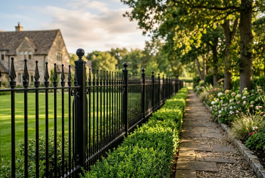 Stone pathway lined with green bushes and flowers on the right, and a black wrought iron fence with vertical bars and decorative finials on the left, leading to a stone house in the background under a partly cloudy sky.