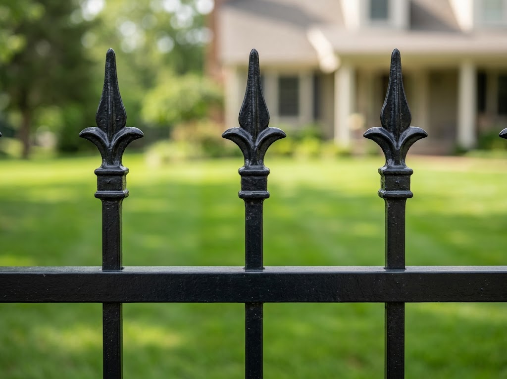 Close-up of a black wrought iron fence with decorative spear-shaped finials, with a blurred green lawn and house in the background.
