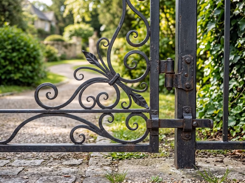 Close-up of a black wrought iron garden gate with decorative scrollwork and leaf patterns, set on a stone pathway with greenery in the background.