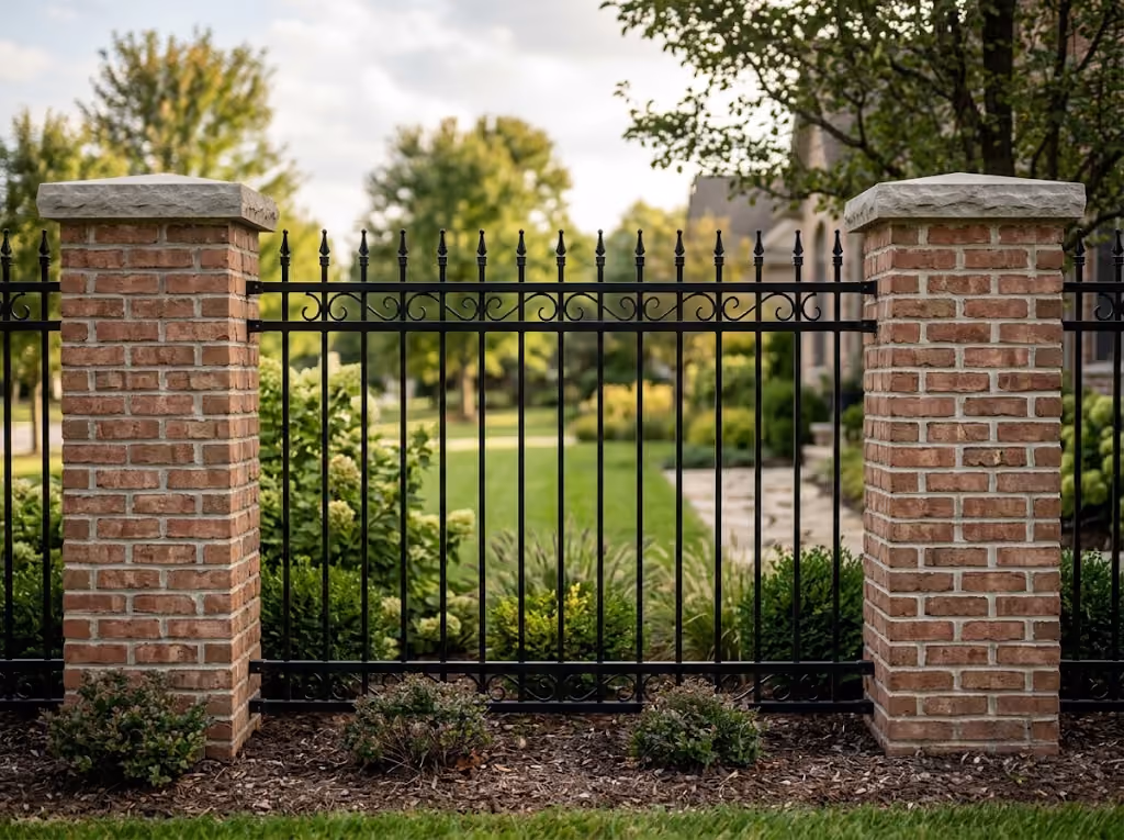 Decorative black wrought iron fence with vertical bars and ornate scrollwork, supported by two square brick pillars with stone caps, bordering a landscaped garden with green shrubs and trees in the background.
