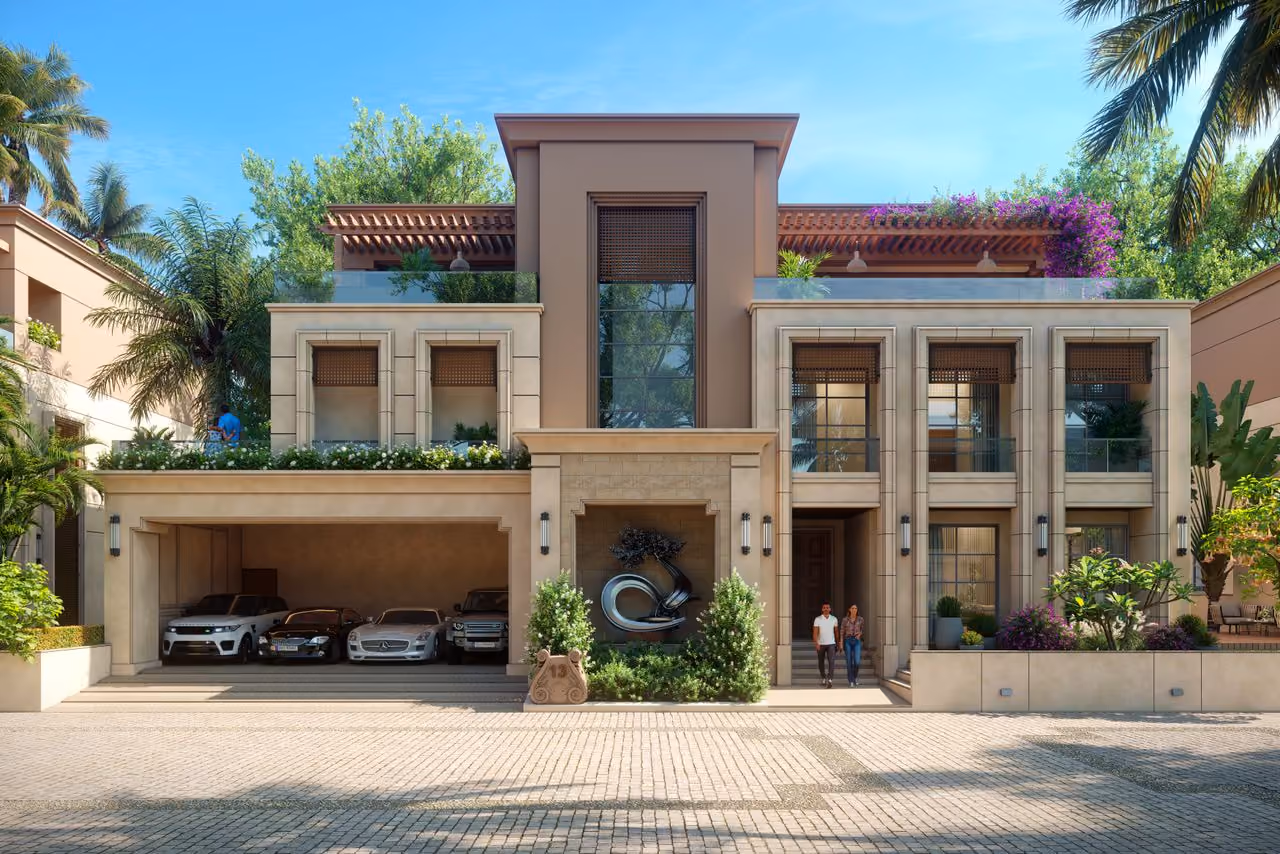 Modern luxury two-story house with beige stone exterior, large windows, rooftop garden with purple flowers, and an open garage with four cars parked inside.