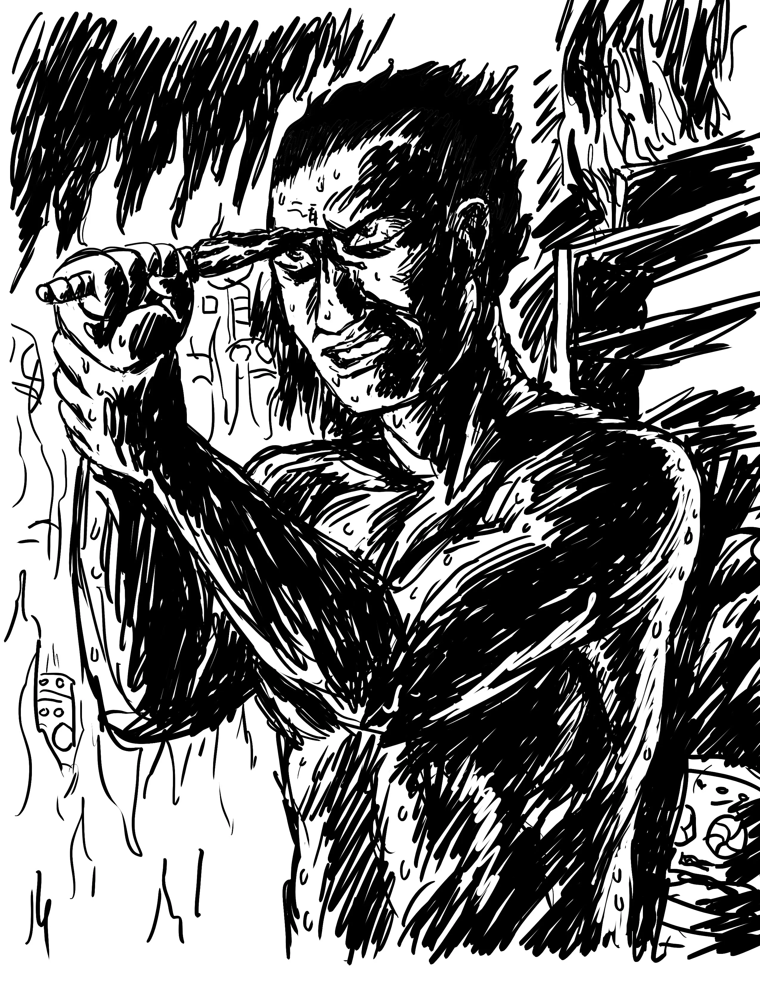 Black and white sketch of a muscular man wiping sweat from his forehead with one hand while the other hand holds his arm, standing shirtless in a shaded environment.