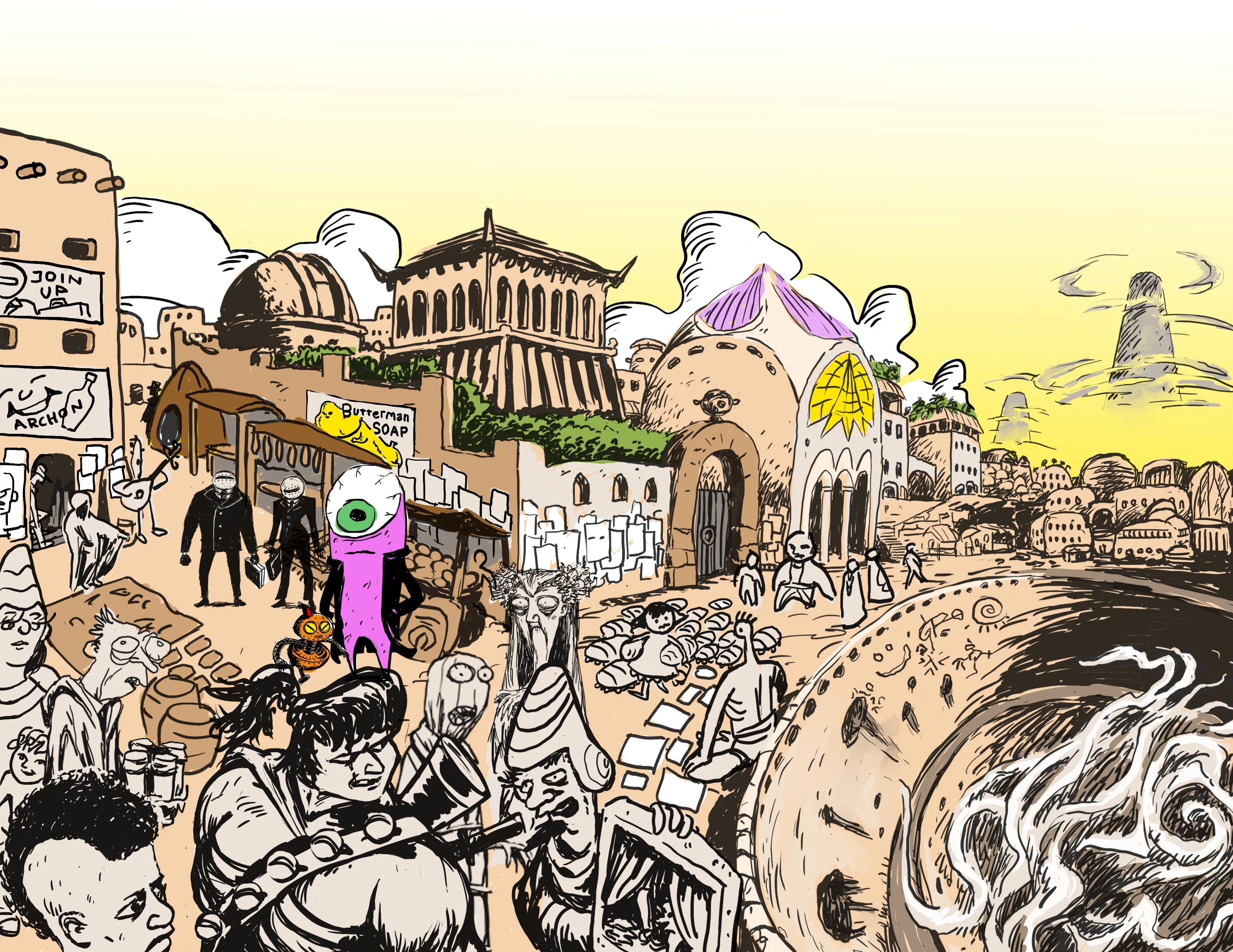 Colorful cartoon scene of a crowded, ancient-style marketplace with various characters including a tall purple figure with a green eye, an alley with posters, and a large swirling dark whirlpool on the right.