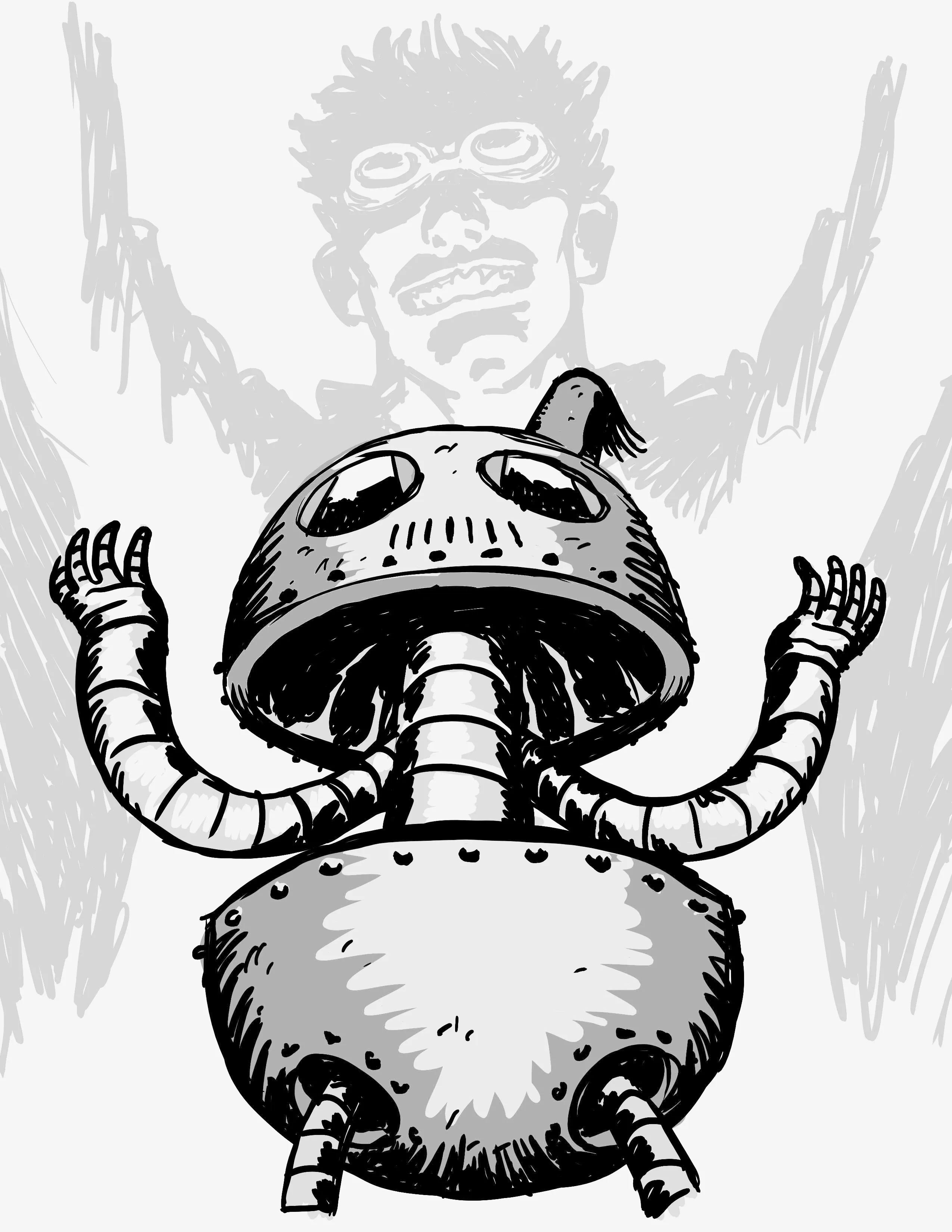 Black and white illustration of a round robot with flexible arms raised, with a faint figure of a person with spiky hair and goggles in the background.