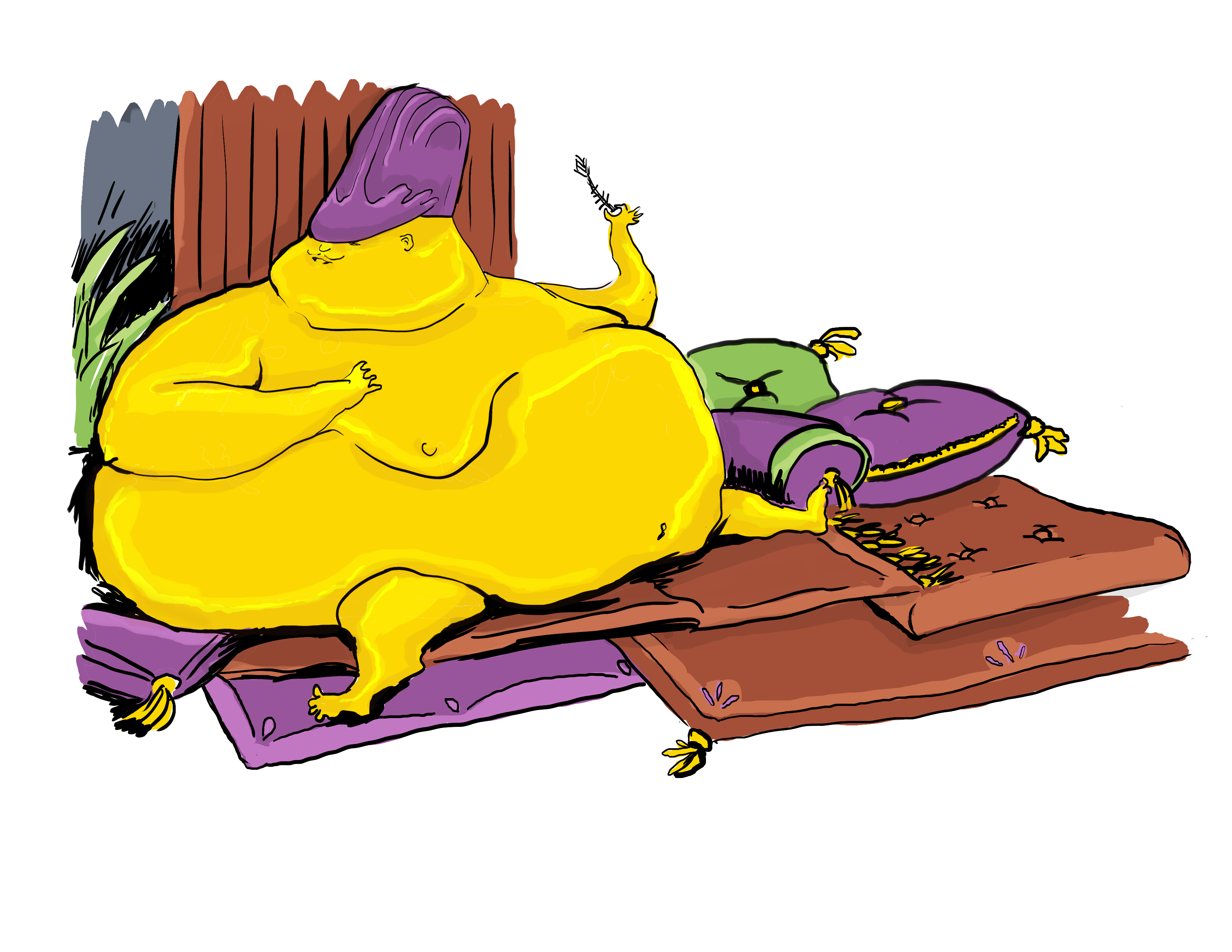Cartoon yellow person lounging on colorful cushions with a purple hat and relaxed expression.