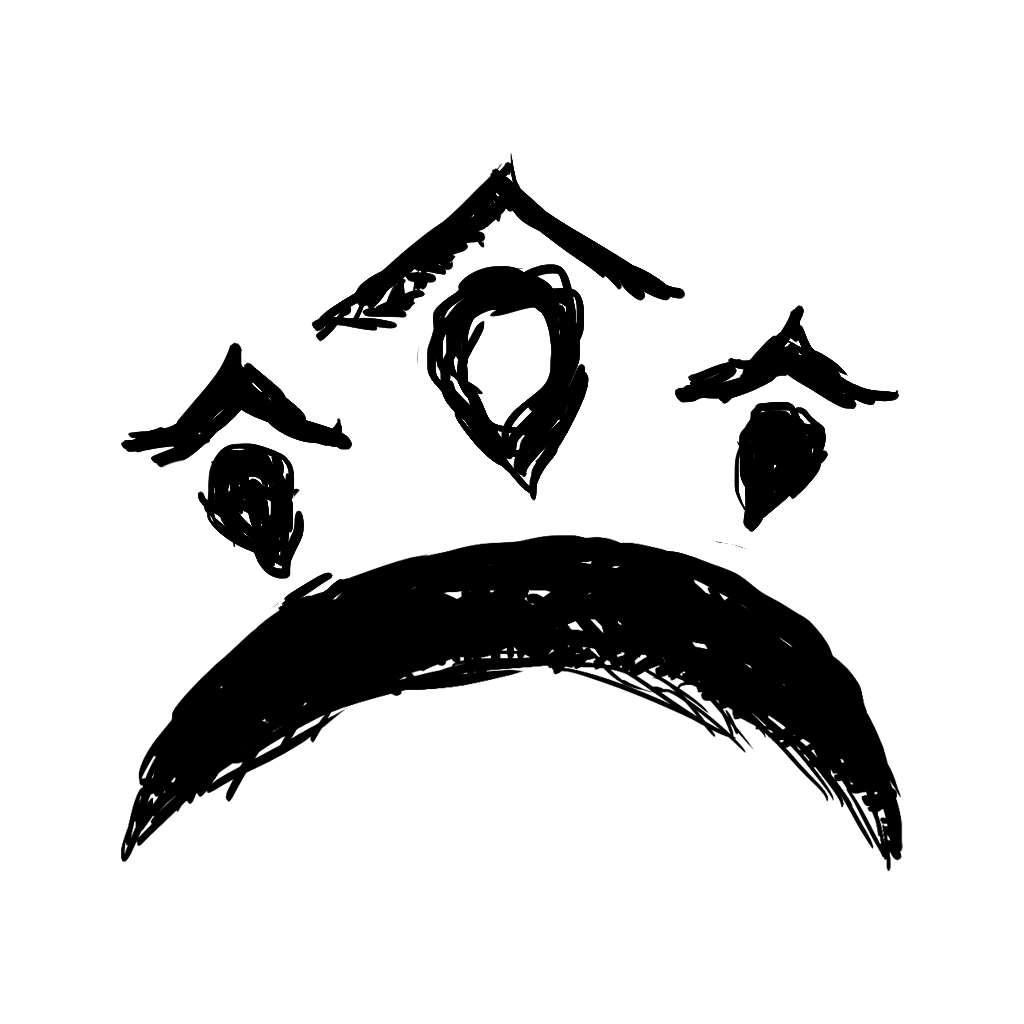 Abstract black icon depicting three buildings of different sizes with pointed roofs, representing a cityscape.