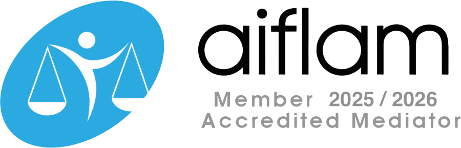 Logo featuring two overlapping gray leaves with the text 'Member 2015/2026 Accredited Mediator' below.