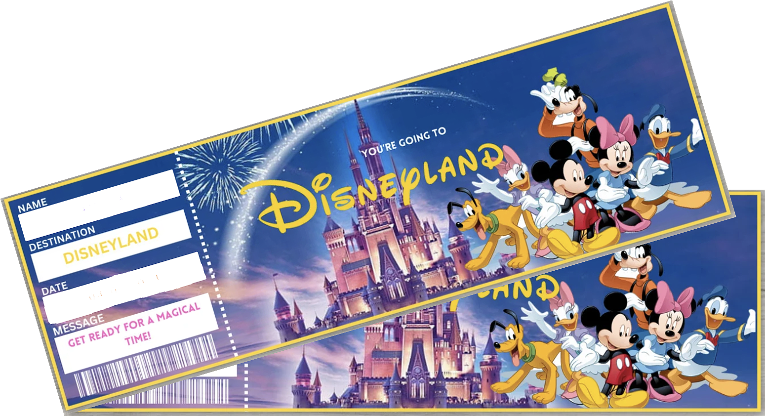 Two Disneyland tickets featuring Cinderella's castle, Mickey Mouse, Minnie Mouse, Donald Duck, Daisy Duck, Goofy, and Pluto with fireworks in the background.