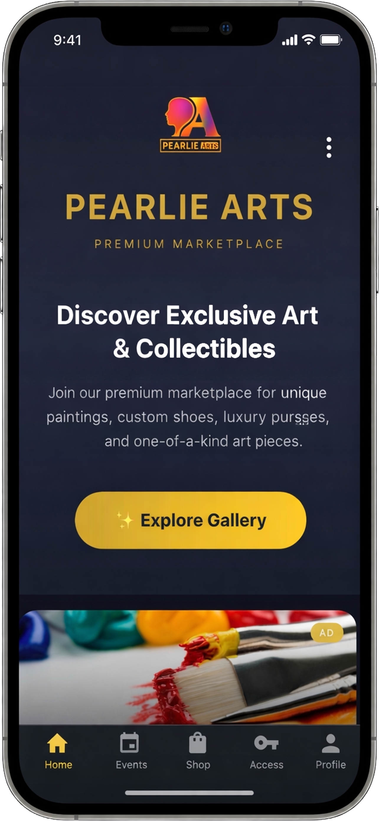 Mobile screen showing Pearlie Arts premium marketplace app with a call to action to explore exclusive art and collectibles and a navigation bar with Home, Events, Shop, Sweeps, and Profile icons.