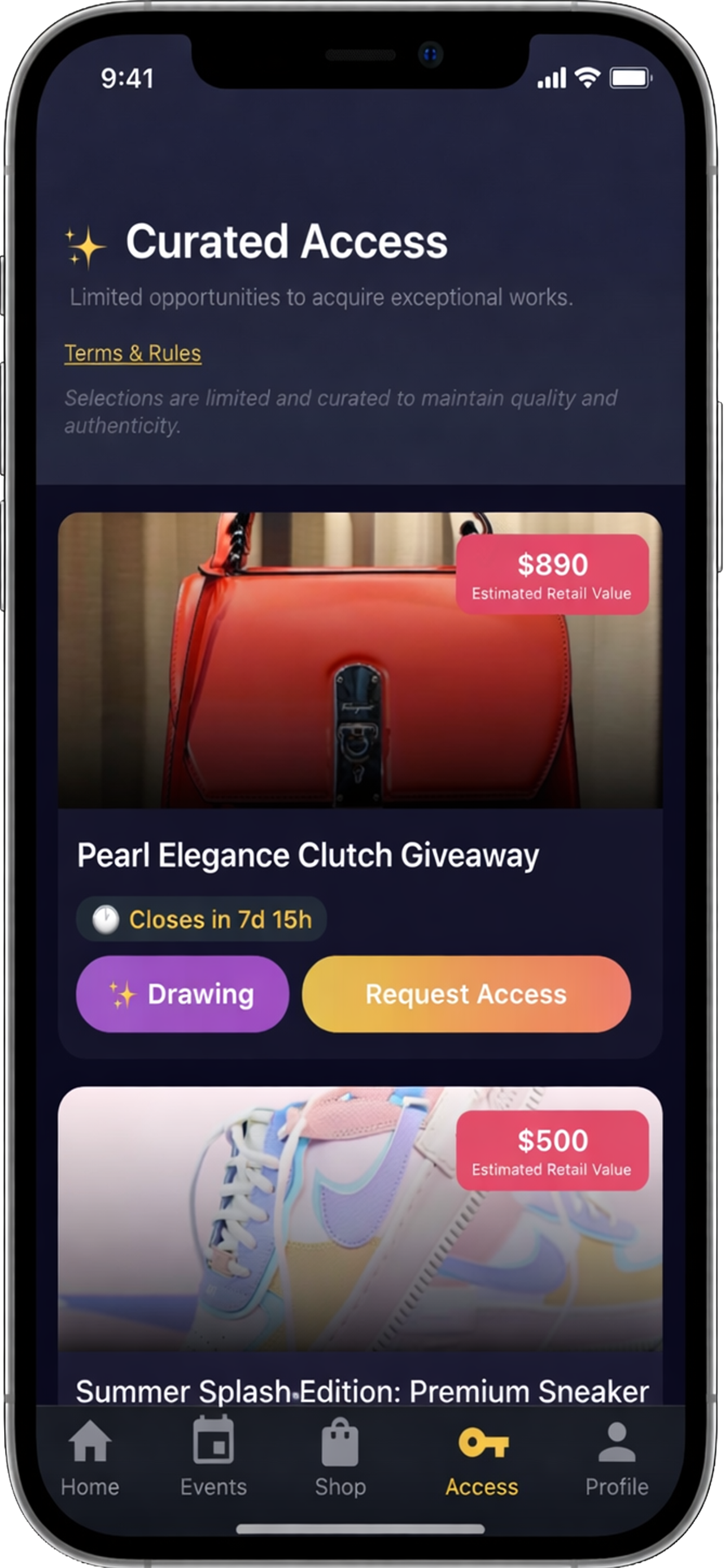 Mobile app screen titled Premium Shop showing exclusive members-only products including Limited Edition Sneakers priced at $450 and Designer High Heels priced at $299, with navigation bar icons for Home, Events, Shop, Sweeps, and Profile.