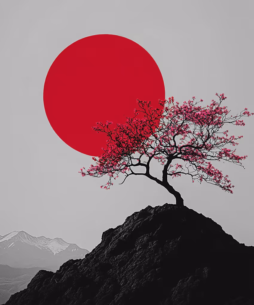 Kirschblütenbaum auf einem hohen Felsen vor einem großen roten Kreis, mit Bergen im Hintergrund.