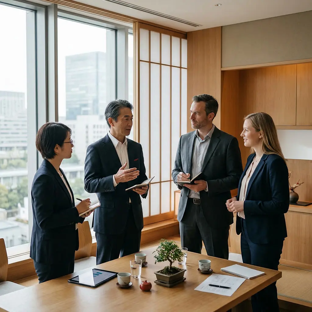 Zwei Geschäftsleute, ein Mann und eine Frau, sitzen an einem kleinen Tisch vor großen Fenstern in einem Büro und führen ein Gespräch.