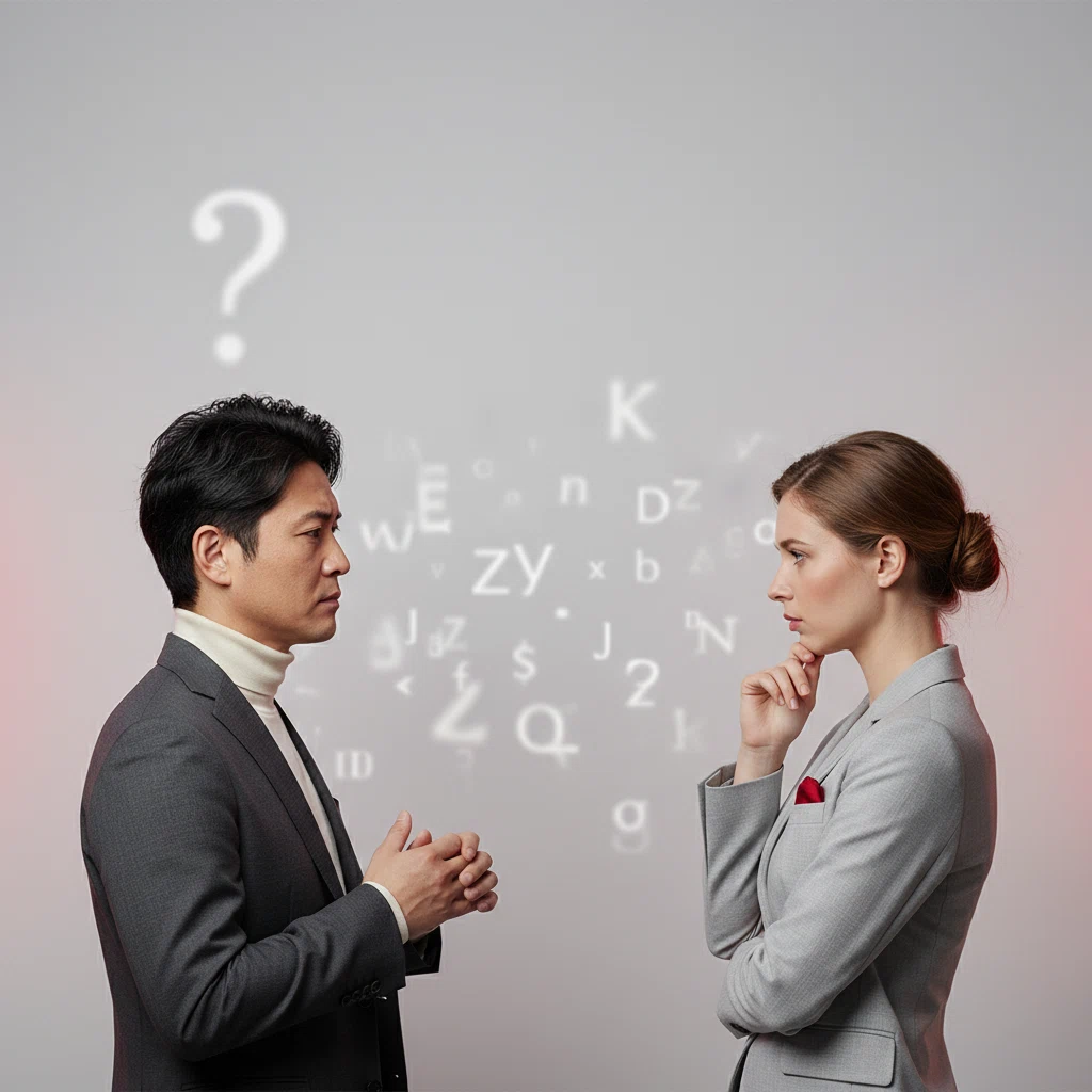 Ein Mann und eine Frau stehen sich gegenüber und wirken nachdenklich, wobei zwischen ihnen unscharfe Buchstaben und ein Fragezeichen schweben.