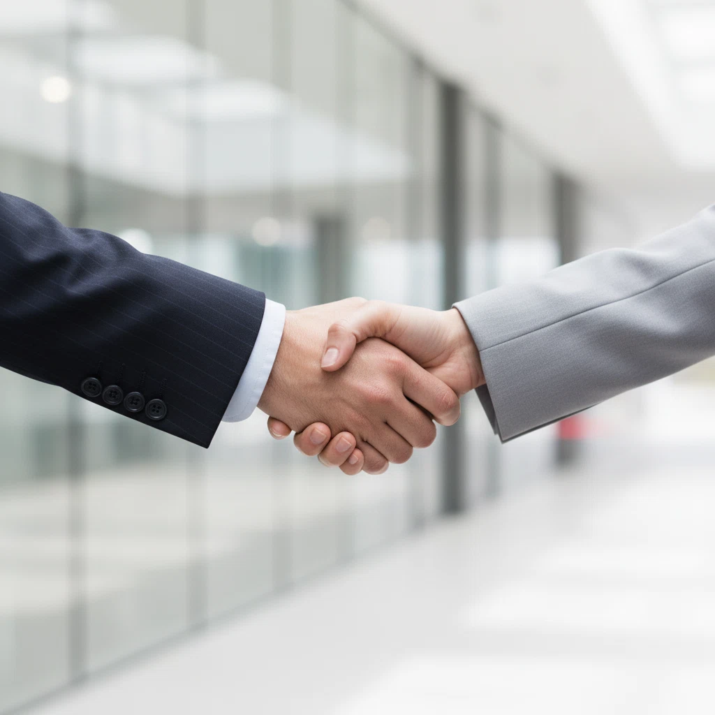 Zwei Personen geben sich in einem modernen Büro die Hand.