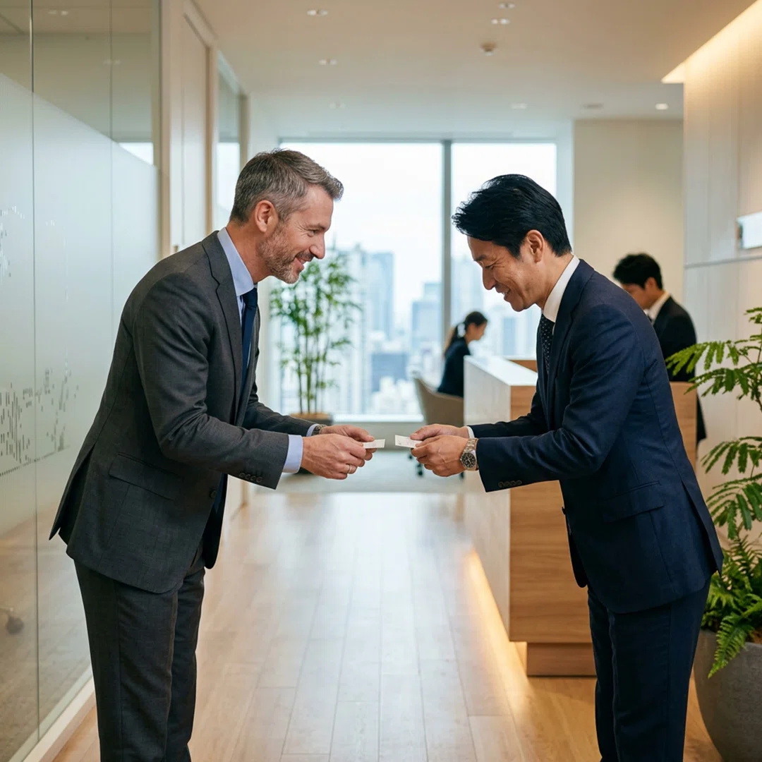 Zwei Geschäftsleute in Anzügen tauschen höflich Visitenkarten in einem modernen Büro aus.