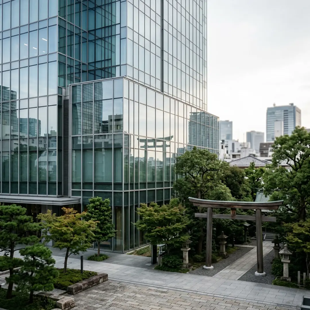 Moderne Glasfassade eines Hochhauses neben einem traditionellen Shinto-Tor und grünen Bäumen in einer städtischen Umgebung.