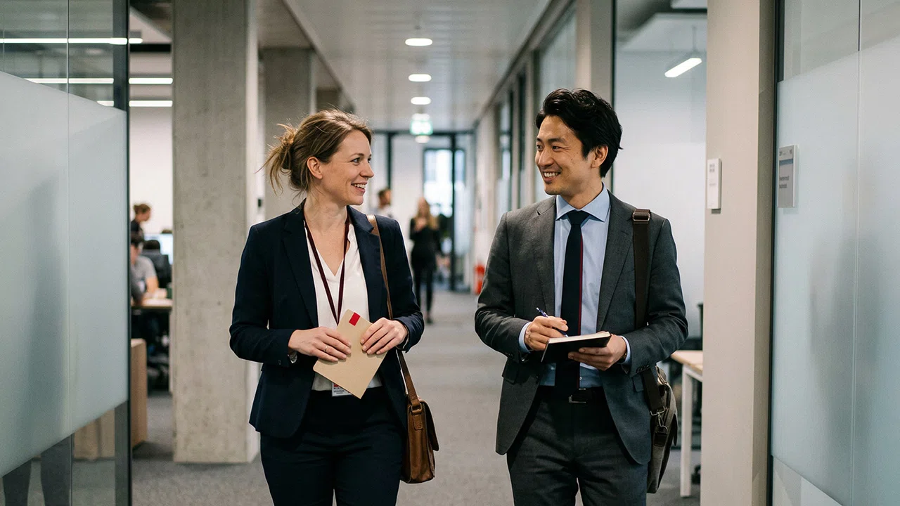 Zwei berufstätige Personen, eine Frau hält einen Umschlag und ein Mann schreibt in ein Notizbuch, während sie im Büroflur spazieren und sich unterhalten.
