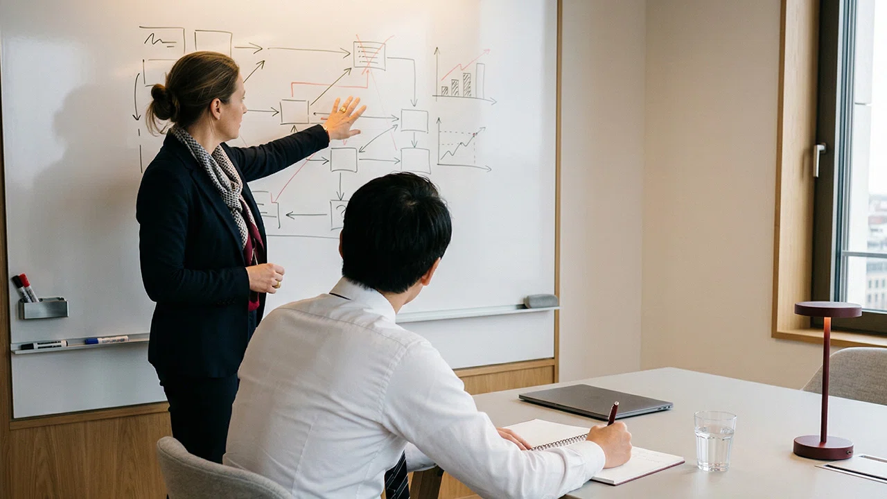 Eine Frau erklärt einem Mann einen Flussdiagramm-Plan mit Diagrammen auf einem Whiteboard in einem Besprechungsraum.