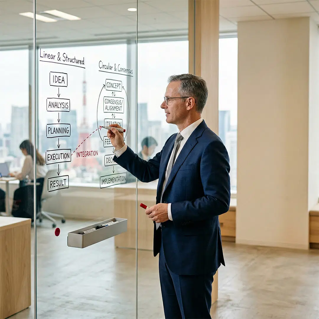 Geschäftsmann in Anzug schreibt auf Glaswand mit Flussdiagrammen über lineare und zirkuläre Managementprozesse in einem modernen Büro.