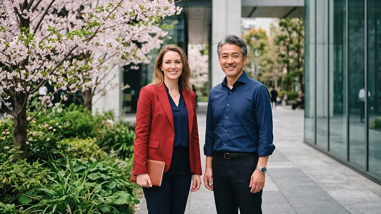 Zwei lächelnde Personen in Business-Kleidung stehen nebeneinander im Freien vor blühenden Kirschbäumen und modernen Gebäuden.