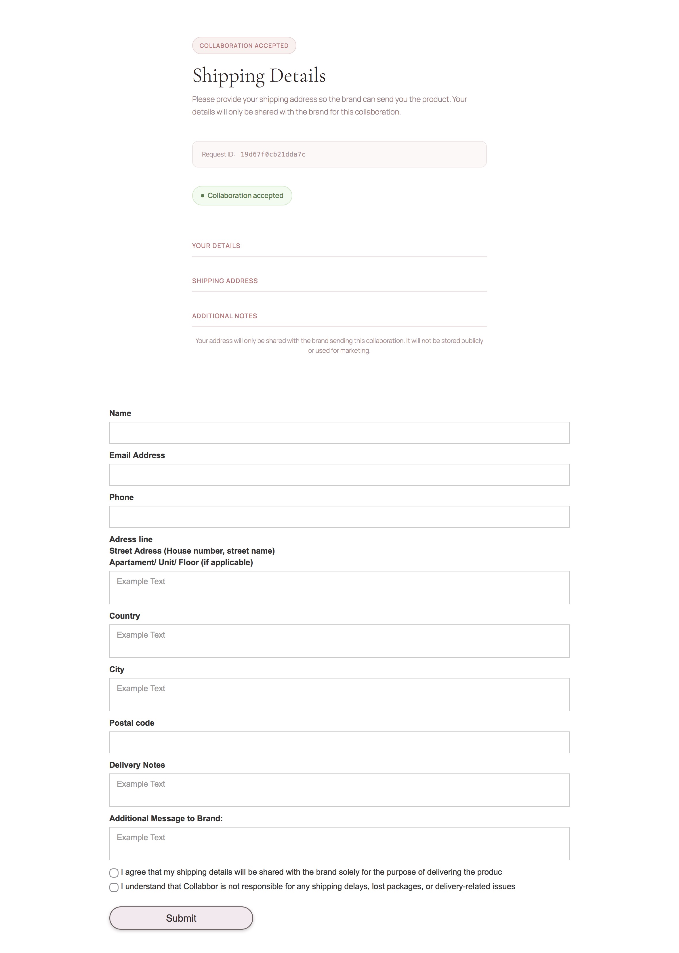 Shipping details interface